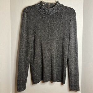 Belldini Women's Gray Sparkly Sweater XL Ribbed Beaded Mock Neck Stretchy Party